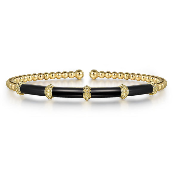 14K Yellow Gold Bujukan and Bar Split Bangle with Black Enamel