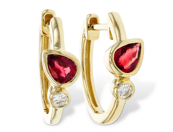 Allison Kaufman Yellow Gold Pear Ruby Diamond Hoop Earrings E2322