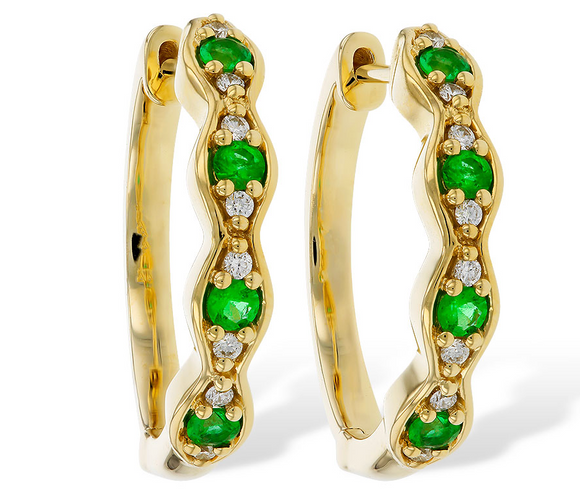 Allison Kaufman Yellow Gold Emerald & Diamond Hoop Earrings E2385