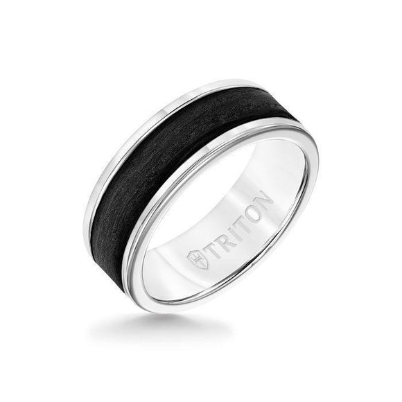 8MM White Tungsten Carbide Ring - Forged Carbon Fiber Insert with Round Edge 11-6074WCF8-G