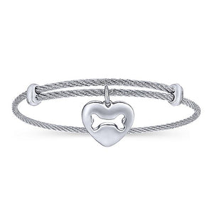 Adjustable Twisted Cable Stainless Steel Bangle with Sterling Silver Doggy Bone Charm
