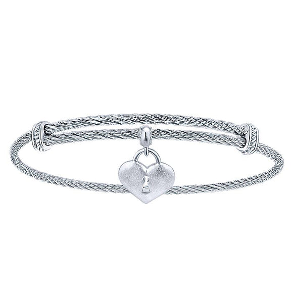Adjustable Twisted Cable Stainless Steel Bangle with Sterling Silver Heart Lock Charm