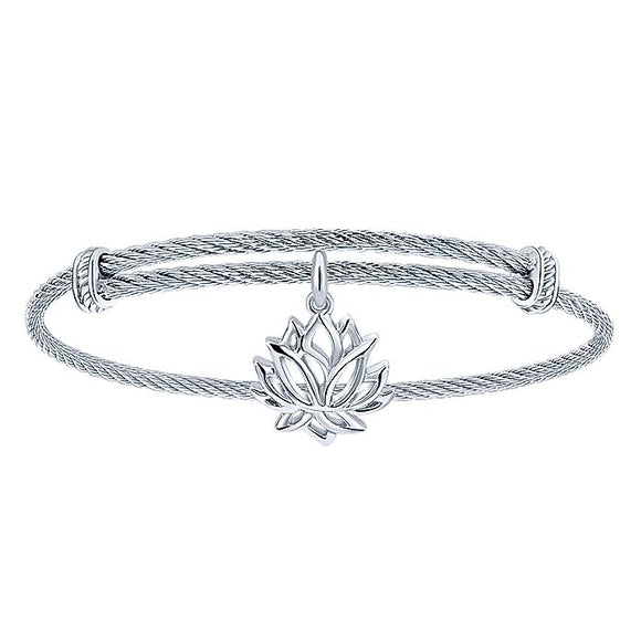 Adjustable Twisted Cable Stainless Steel Bangle with Sterling Silver Lotus Charm