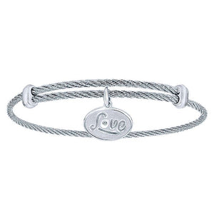 Adjustable Twisted Cable Stainless Steel Bangle with Sterling Silver Diamond Love Charm