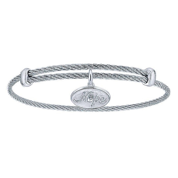 Adjustable Twisted Cable Stainless Steel Bangle with Sterling Silver Diamond Hope Charm