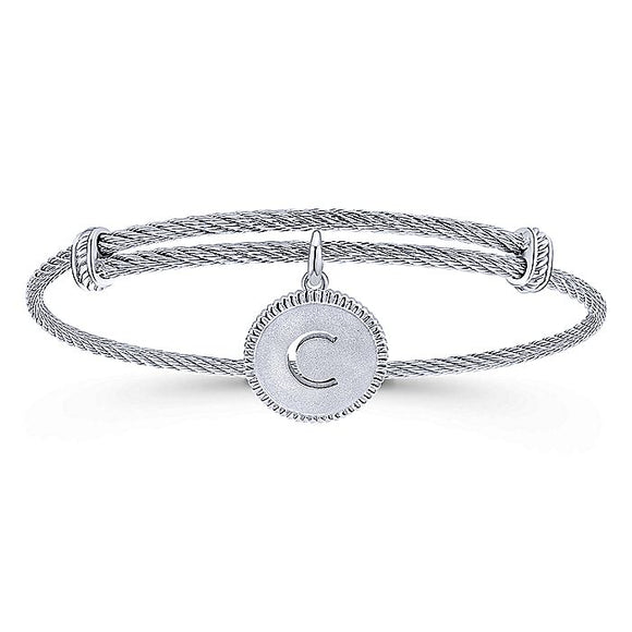 Adjustable Twisted Cable Stainless Steel Bangle with Sterling Silver C Initial Charm