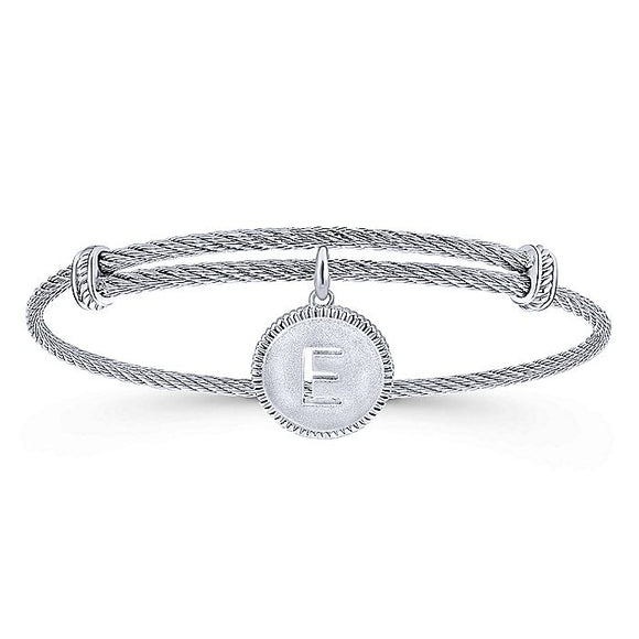 Adjustable Twisted Cable Stainless Steel Bangle with Sterling Silver E Initial Charm