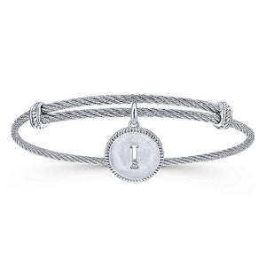 Adjustable Twisted Cable Stainless Steel Bangle with Sterling Silver I Initial Charm