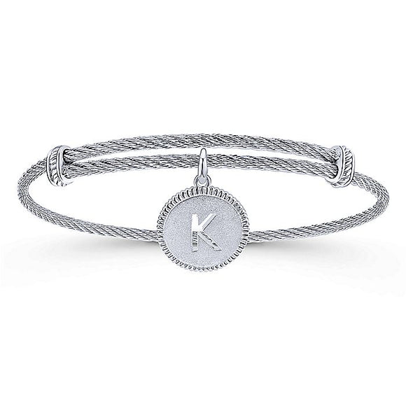 Adjustable Twisted Cable Stainless Steel Bangle with Sterling Silver K Initial Charm