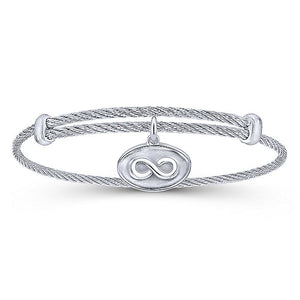 Adjustable Twisted Cable Stainless Steel Bangle with Sterling Silver Infinity Charm