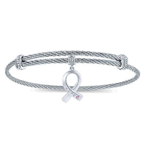 Adjustable Twisted Cable Stainless Steel Bangle with Sterling Silver Pink Zircon Breast Cancer Charm