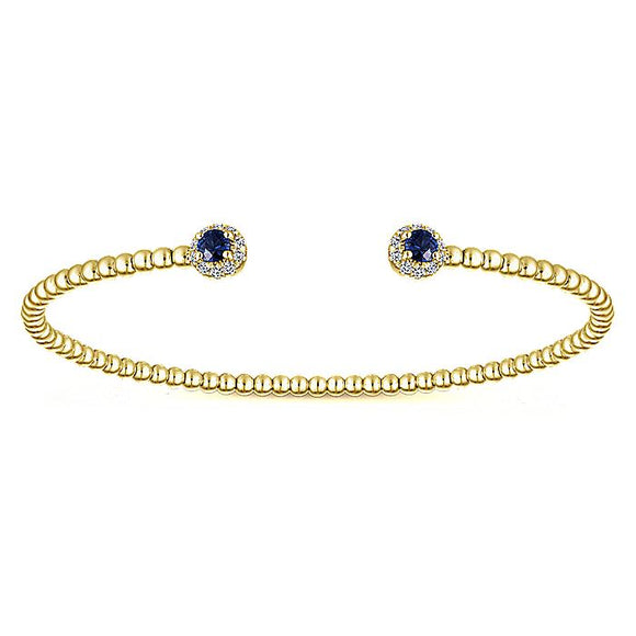 Gabriel & CO  Yellow Gold Bujukan Bead Split Cuff Bracelet with Sapphire and Diamond