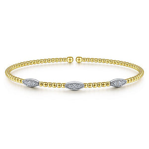 Gabriel & Co. - BG4437-62M45JJ - 14K White-Yellow Gold Bujukan Bead Cuff Bracelet with Diamond Filled Marquise Stations