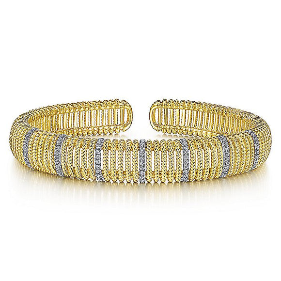 Gabriel & Co. - BG4457-65M45JJ - 14K White-Yellow Gold Twisted Rope Cuff Bracelet with Diamond Stations