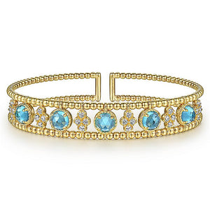 Gabriel & Co. - BG4614-62Y45BT - 14K Yellow Gold Bujukan Bead Cuff Bracelet with Inner Diamond Cluster and  Blue Topaz Connectors.