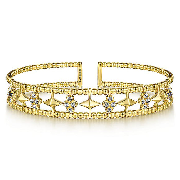 Gabriel & Co. - BG4615-62Y45JJ - 14K Yellow Gold Bujukan Bead Cuff Bracelet with Inner Diamond Cluster and Gold Pyramid Connectors.