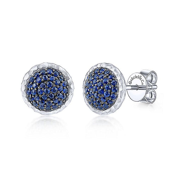 Gabriel & CO Silver Hammered Round Sapphire Pavé Stud Earrings