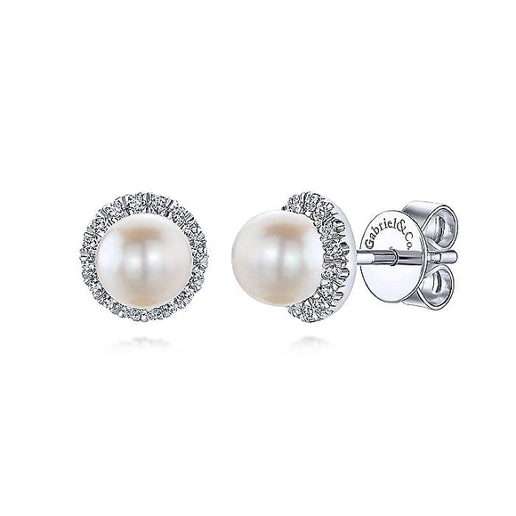 Gabriel & Co 14K White Gold Round Diamond Halo Pearl Stud Earrings EG13233W45PL
