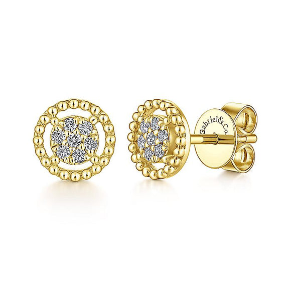 Gabriel & Co. - EG13355Y45JJ - 14K Yellow Gold Beaded Round Frame Diamond Cluster Stud Earrings
