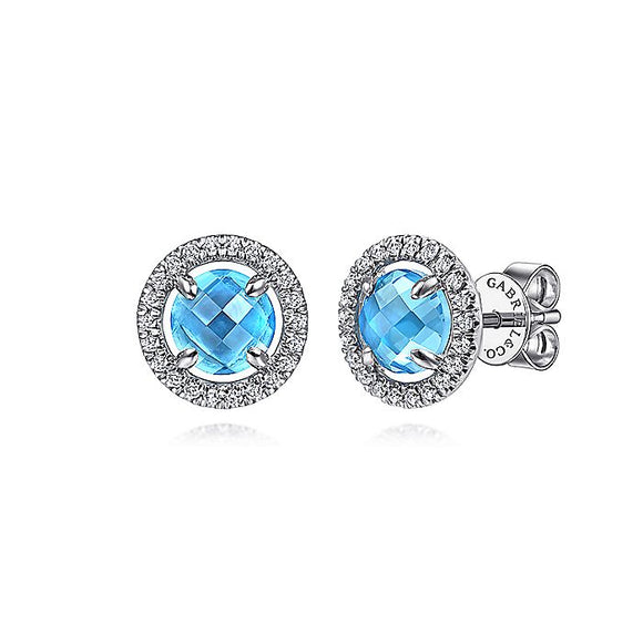 Gabriel & Co. - EG13961W45BT - 14K White Gold Round Blue Topaz Floating Diamond Halo Stud Earrings