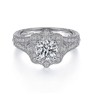 Gabriel & Co. - ER11963W44JJ - Vintage Inspired 14K White Gold Round Halo Diamond Engagement Ring