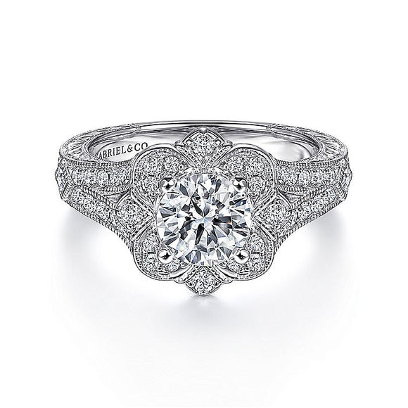 Gabriel & Co. - ER11963W44JJ - Vintage Inspired 14K White Gold Round Halo Diamond Engagement Ring