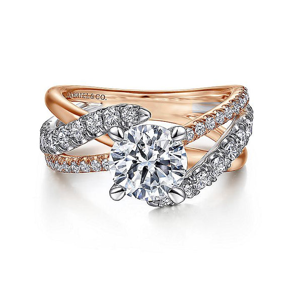 14K White-Rose Gold Round Free Form Diamond Engagement Ring