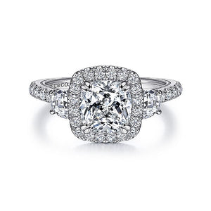 Gabriel & Co. - ER12785W44JJ - Vintage Inspired 14K White Gold Cushion Three Stone Halo Diamond Engagement Ring