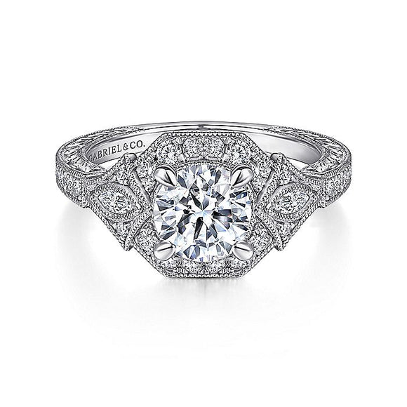 Gabriel & Co. - ER14440R4W44JJ - Art Deco 14K White Gold Round Halo Diamond Engagement Ring
