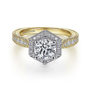 Gabriel & Co. - ER14499R4M44JJ - Art Deco 14K White-Yellow Gold Hexagonal Halo Round Diamond Engagement Ring