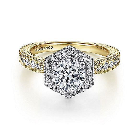 Gabriel & Co. - ER14499R4M44JJ - Art Deco 14K White-Yellow Gold Hexagonal Halo Round Diamond Engagement Ring