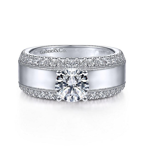 14K White Gold Round Diamond Wide Band Engagement Ring
