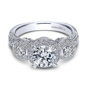 Vintage Inspired 14K White Gold Round Three Stone Halo Diamond Engagement Ring