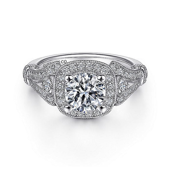 Gabriel & Co. - ER7479W44JJ - Vintage Inspired 14K White Gold Cushion Halo Round Diamond Engagement Ring