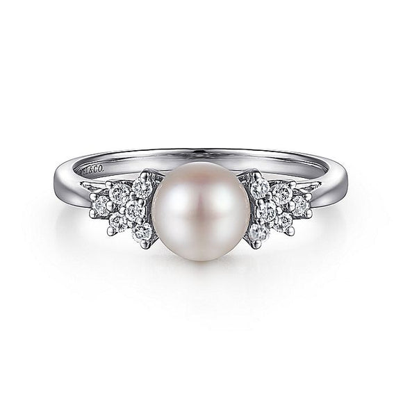 Gabriel & Co. - LR3607W45PL - 14K White Gold Classic Cultured Pearl Diamond Accented Stackable Ring