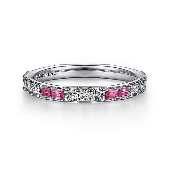 Gabriel & CO 14K White Gold Ruby Baguette and Diamond Stackable Ring LR4572W44RA