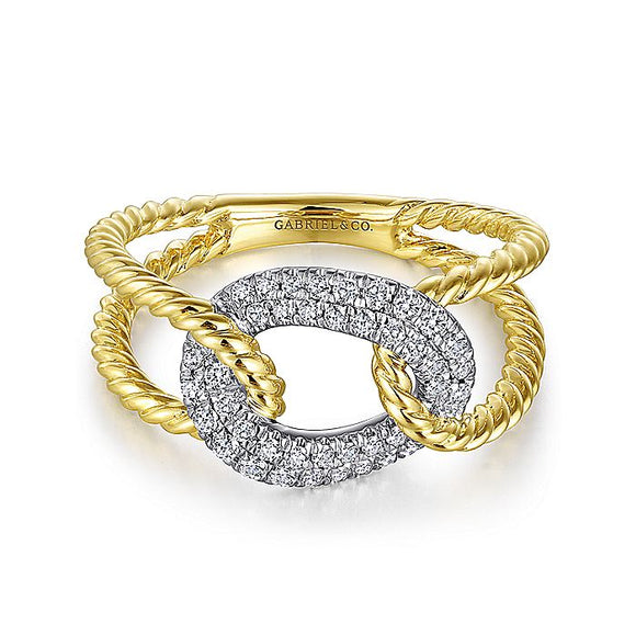 Gabriel & Co. - LR51318M45JJ - 14K Yellow and White Gold Twisted Rope Link Ring with Diamond Pav‚ Station