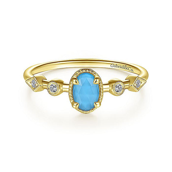 14K Yellow Gold Oval Rock Crystal/Turquoise and Diamond Station Ring