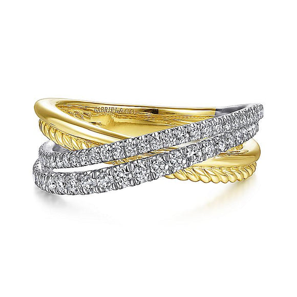 Gabriel & CO 14K White-Yellow Gold Twisted Rope and Diamond Criss Cross Ring LR51526M45JJ