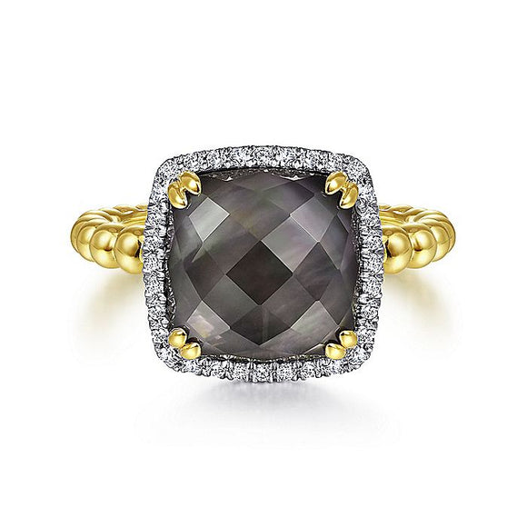 Gabriel & Co. - LR51770Y45XB - 14K Yellow Gold Cushion Cut Rock Crystal/Black Pearl and Diamond Halo Ring
