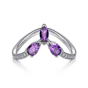 Gabriel & Co. - LR51840W45AM - 14K White Gold Amethyst and Diamond Curved V Ring