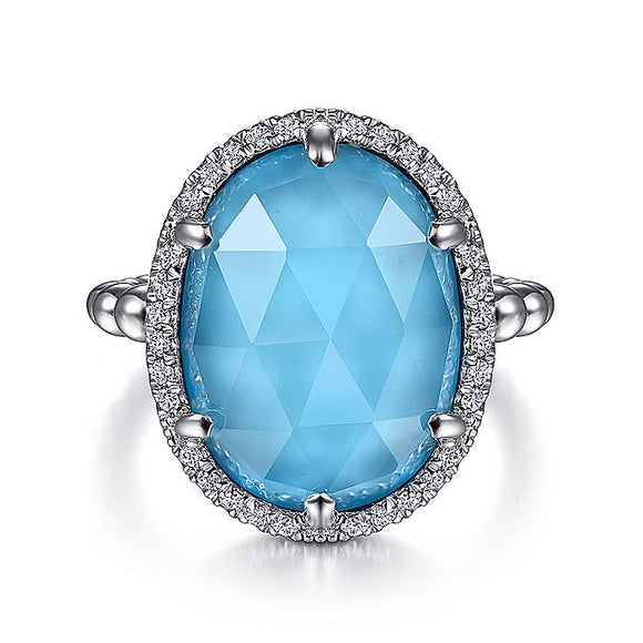 Gabriel & Co. - LR51895XTSVJMC - 925 Sterling Silver Oval Rock Crystal and Turquoise Ring with White Sapphire Halo