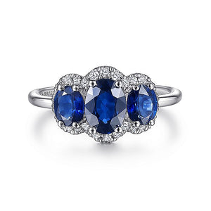 Gabriel & Co. - LR52023W45SA - 14K White Gold Diamond and Sapphire Oval Halo Three Stone Ring