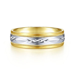 14K White-Yellow 6mm - Engraved Center and Millgrain Channel Men's Wedding Band