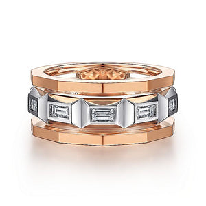 Gabriel & Co. - MR15494T43JJ - 14K White and Rose Gold Faceted Ring with Diamond Baguettes
