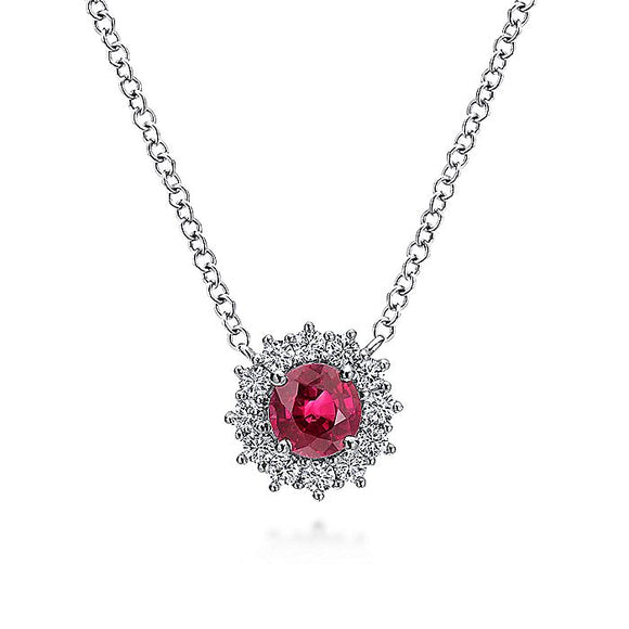 Gabriel & Co. - NK3950W45RA - 18 inch 14K White Gold Round Ruby and Diamond Halo Pendant Necklace