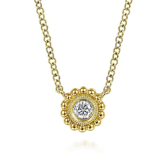 Gabriel & Co. - NK4764Y45JJ - 14K Yellow Gold Beaded Round Bezel Set Diamond Pendant Necklace