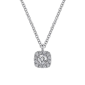 Gabriel & Co. - NK5593W45JJ - 14K White Gold Cushion Halo Round Diamond Pendant Necklace
