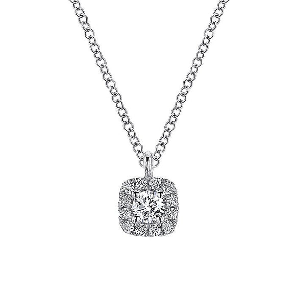 Gabriel & Co. - NK5593W45JJ - 14K White Gold Cushion Halo Round Diamond Pendant Necklace