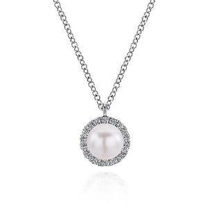 Gabriel & Co. - NK5619W45PL - 14K White Gold Cultured Pearl and Diamond Halo Pendant Necklace
